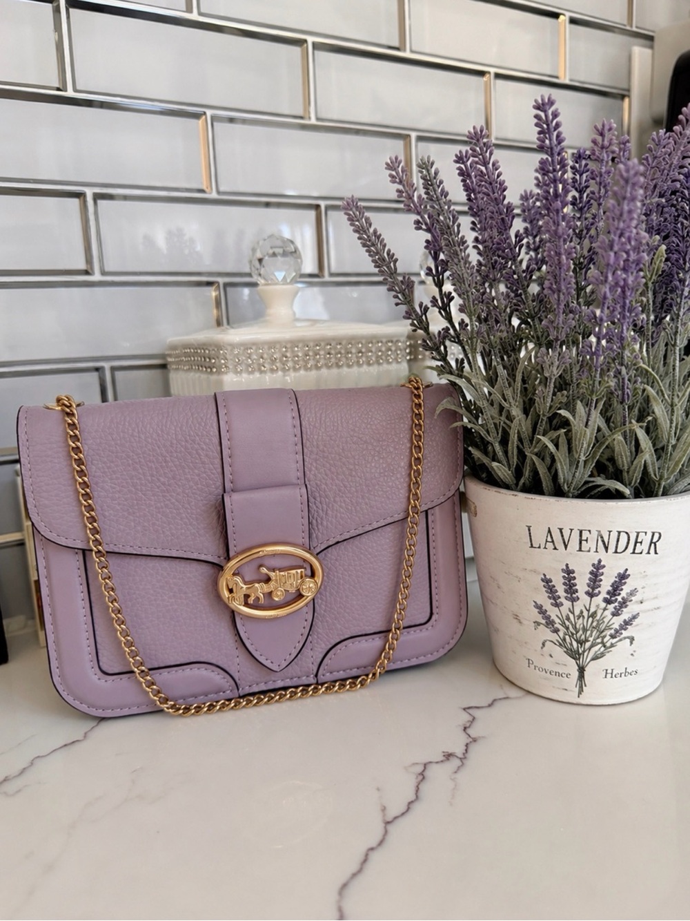 Coach Lavender Pebbled Leather Crossbody with Gold Chain